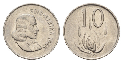 ЮАР 10 центов 1965 Ян ван Рибек (1619-1677), Suid Africa, легенда на африкаанс, цветок алоэ KM 68.2 медно-никель 4640-1162