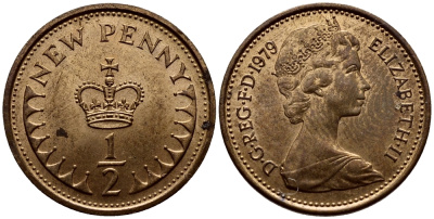 Великобритания 1/2 пенни 1979 Елизавета II (1952-2022) KM 914, Spink 4239 бронза 3458-221
