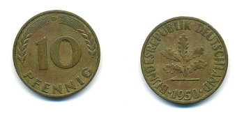 ФРГ 10 ПФЕННИГОВ 1950 D KM 108, J.383 сталь плакированная латунью 80-313
