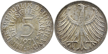 ФРГ 5 МАРОК 1971 D, KM 112.1, J. 387 серебро 1529-324