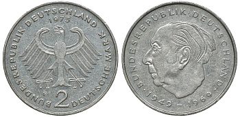 ФРГ 2 марки 1973 F, Теодор Хойс, 20 лет Федеративной Республике (1949-1969) KM A127, J. 407 медно-никель плакированный никелем плакированный никелем UNC 72-545