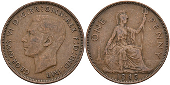 Великобритания 1 пенни 1945 Георг VI (1936-1952) KM 845, Spink 4114 бронза 4574-135