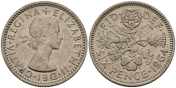 Великобритания 6 пенсов 1964 Елизавета II (1952-2022) KM 903, Spink 4149 медно-никель 4158-662