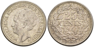 Нидерланды 25 центов 1941 Вильгельмина (1890-1948) KM 164 серебро 4576-753