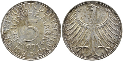 ФРГ 5 МАРОК 1971 D, KM 112.1, J. 387 серебро 1529-324