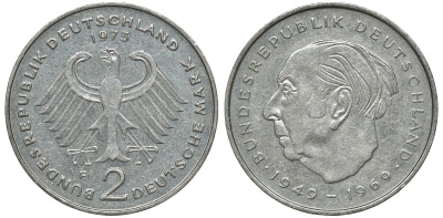 ФРГ 2 марки 1973 F, Теодор Хойс KM A127, J. 407 медно-никель плакированный никелем UNC 4681-945