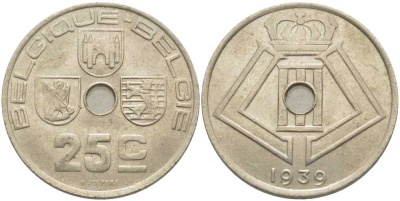 БЕЛЬГИЯ 25 САНТИМОВ 1939 BELGIQUE-BELGIE, ЛЕОПОЛЬД III (1934-1950) KM 114.1 никель латунь 119-356