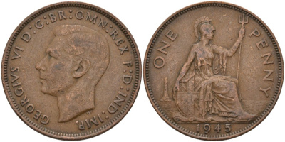 Великобритания 1 пенни 1945 Георг VI (1936-1952) KM 845, Spink 4114 бронза 4574-135