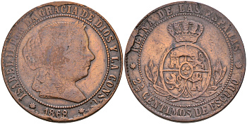 Испания 2 1/2 сентимо 1868 8 pointed star KM 634.1 медь 4589-844