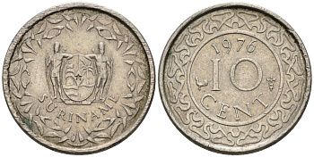 Суринам 10 центов 1976 KM 13 медно-никель 4585-853