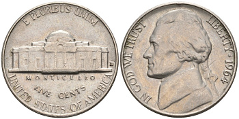 США 5 центов 1964 D, Джефферсон KM А192 медно-никель 92-1121