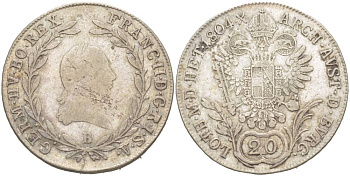 АВСТРИЯ 20 КРЕЙЦЕРОВ 1804 B, ФРАНЦ II (1792-1835) KM 2139, Jaeger/Jaeckel 107, Herinek 640 серебро 4548-931