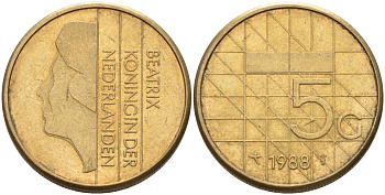 Нидерланды 5 гульденов 1988 Беатрикс (1980-2001) KM 210 никель плакированный бронзой 4579-835