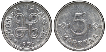 Финляндия 5 марок 1955 KM 37a никелированное железо 4164-221