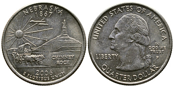 США 25 центов (квотер) 2006 Р, серия штаты США, Небраска KM 383 медь плакированная медно-никелем 56-415