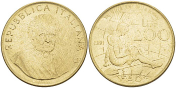ИТАЛИЯ 200 ЛИР 1980 R, СЕРИЯ FAO, МЕЖДУНАРОДНЫЙ ГОД ЖЕНЩИН KM 107 алюминиевая бронза 4529-221