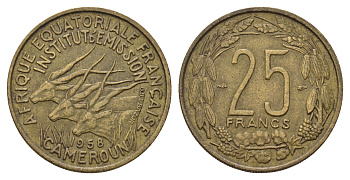 Французская Экваториальная Африка, Камерун 25 франков 1958 год-тип KM 12 алюминиевая бронза 4678-1043