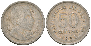 Аргентина 50 сентаво 1955 генерал Хосе де Сан Мартин KM?49, CJ?226, Schon?52 сталь плакированная никелем 4513-1012