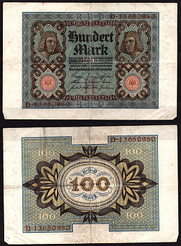 Германия 100 марок 1935 Веймар,8 цифр в номере, H, «Бамбергский всадник» из оперы «Купол Бамберга». Pick 69 b бумага 6289-29-3-1