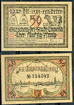 Германия, Эммерих 50 пфеннигов 1920 нотгельд, желтая, 1.12.1920 Tieste 1710/21 бумага UNC (пресс) 8614-40-3-2