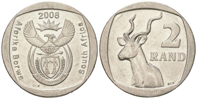 ЮАР 2 ранда 2008 KM 445 медь плакированная медно-никелем 4364-2341