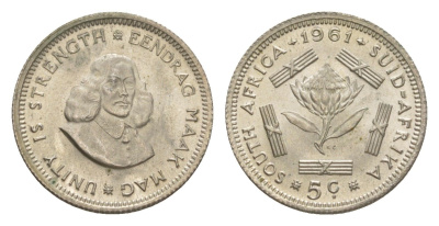 ЮАР 5 центов 1961 KM 59 серебро UNC 4596-348