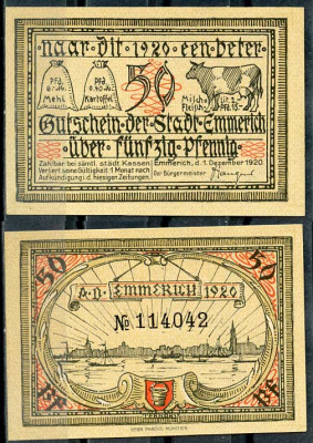 Германия, Эммерих 50 пфеннигов 1920 нотгельд, желтая, 1.12.1920 Tieste 1710/21 бумага UNC (пресс) 8614-40-3-2