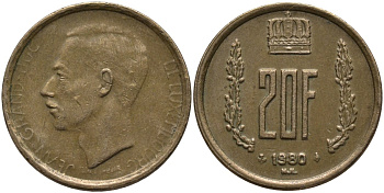 Люксембург 20 франков 1980 герцог Жан (1964-1999) KM 58 алюминиевая бронза 4171-656