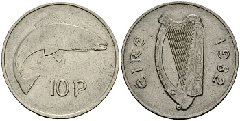Ирландия 10 пенсов 1982 лосось KM 23 медно-никель 4137-412