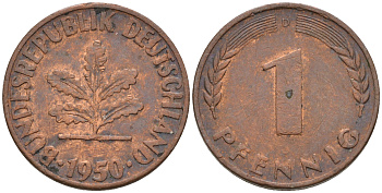 ФРГ 1 пфенниг 1950 D KM 105, J. 380 сталь плакированная медью    4115-114