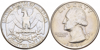 США 25 ЦЕНТОВ = КВОТЕР 1991 P ВАШИНГТОН KM А164а медь плакированная медно-никелем 4546-527