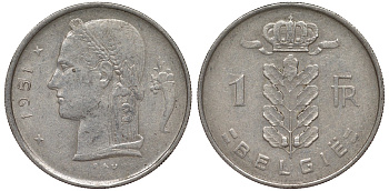 Бельгия 1 франк 1951 Belgie KM 143.1 медно-никель 4163-315