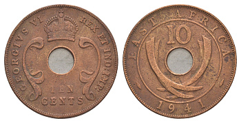 Британская Восточная Африка 10 центов 1941 Георг VI (1936-1952) KM 26 бронза 4645-534