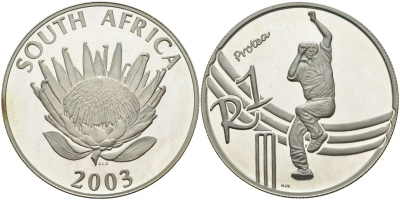 ЮАР 1 ранд 2003 крикет KM 298 серебро PROOF 1096-3-31