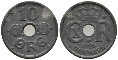 ДАНИЯ 10 ЭРЕ 1942 N; GJ, КРИСТИАН X (1912-1947) KM 822.2a цинк 66-122
