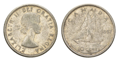 Канада 10 центов 1957 Елизавета II (1952-2022), парусник KM 51 серебро 99-754