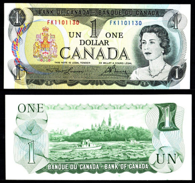 Канада 1 доллар 1973 Елизавета II, альпийское озеро в национальном парке Банф, расположенное в Альберте, Канада Pick 85 a (1) бумага UNC (пресс) 2197-38-1-2