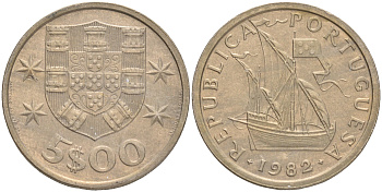ПОРТУГАЛИЯ 5 ЭСКУДО 1982 ПАРУСНИК KM 591 медно-никель 4561-752