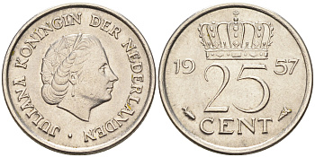 Нидерланды 25 центов 1957 Юлиана (1949-1980) KM 183 никель    4174-645