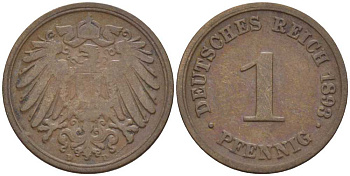 ГЕРМАНИЯ 1 ПФЕННИГ 1893 D KM 10, J. 10, Weege 2 медь 211-157