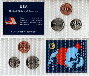 США набор из 3 монет (1, 5 и 10 центов) 2003 в красочной упаковке с информацией о стране KM 201b, A192 и 195a UNC 2-6-3-72