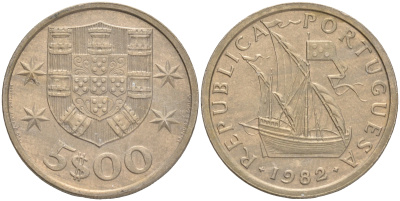 ПОРТУГАЛИЯ 5 ЭСКУДО 1982 ПАРУСНИК KM 591 медно-никель 4561-752