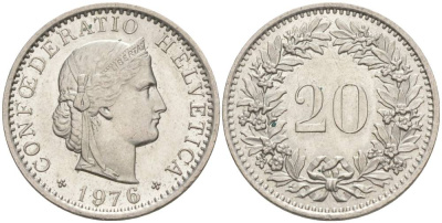 Швейцария 20 раппенов 1976 KM 29a медно-никель 55-953
