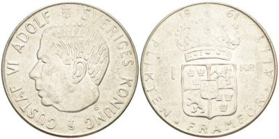 Швеция 1 крона 1961 U, Густав VI Адольф (1950-1973) KM 826 серебро 3851-1245