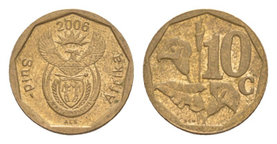ЮАР 10 центов 2006 герб, цветок алоэ KM 487 сталь плакированная бронзой 4621-1063