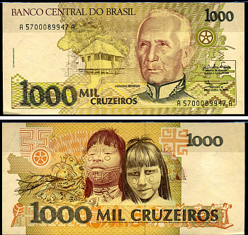 Бразилия 1000 крузейро ND (1990) серия A 5700, Кандиду Рондон Pick 231 a бумага 7148-20-1-1