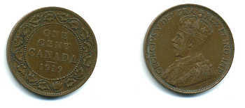 Канада 1 цент 1919 Георг V (1910-1936), большой формат KM 21 бронза 540-715