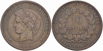 ФРАНЦИЯ 10 САНТИМОВ 1885 A, ТРЕТЬЯ РЕСПУБЛИКА (1871-1940) KM 815.1, LA FRANC 135.29 бронза 97-933