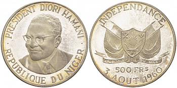 Нигер 500 франков 1960 президент Амани Диори (Hamani Diori), независимость KM 5 серебро PROOF 1087-6-45
