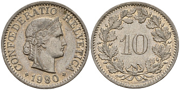 Швейцария 10 раппенов 1980 KM 27 медно-никель 4152-1068